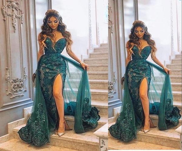 2023 dark green charming mermaid prom dresses sweetheart side split evening gowns overskirts with detachable train lace appli7012776, Black 
2023 dark green charming mermaid prom dresses sweetheart side split evening gowns overskirts with detachable train lace appli7012776, Black