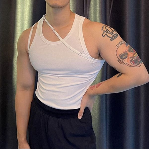 men' tank elastic slim fit tshirt inside sling irregular strap tight vest white inner wear sleeveless tee genderless 230630, White;black
men' tank elastic slim fit tshirt inside sling irregular strap tight vest white inner wear sleeveless tee genderless 230630, White;black