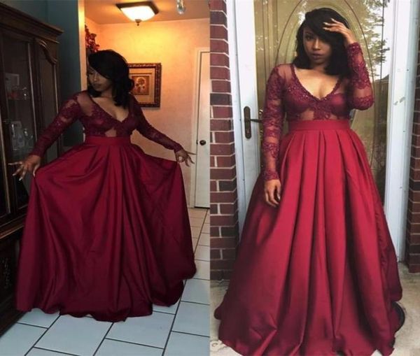 2019 elegant burgundy deep vneck long sleeve prom dresses aline dark red prom gown lace floor length african party gow1452209, Black 
2019 elegant burgundy deep vneck long sleeve prom dresses aline dark red prom gown lace floor length african party gow1452209, Black