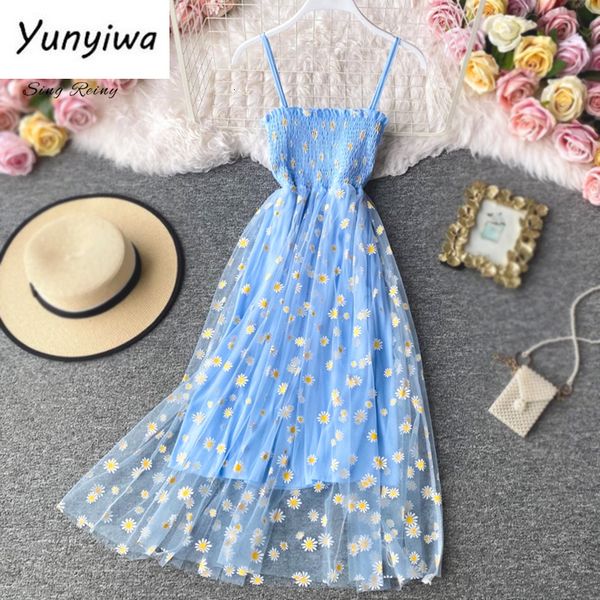 basic casual dresse daisy print summer lace mesh dress spaghetti strap ruched floral vestidos korean style long 230701, Black;gray
