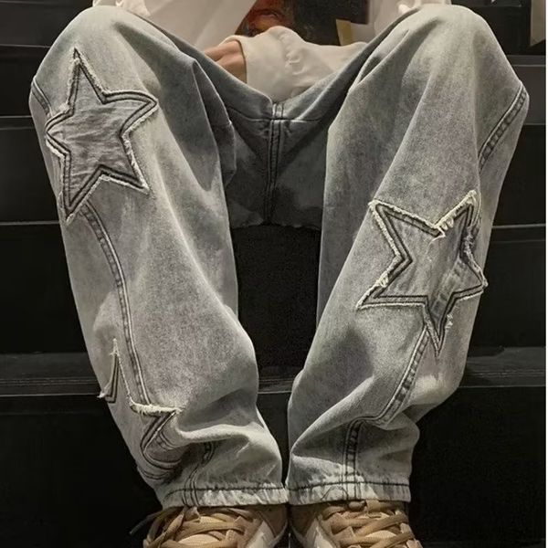 men's jeans fashion star patch jeans men's spring and autumn american style retro brand high street vibe washed loose straight pan, Blue
men's jeans fashion star patch jeans men's spring and autumn american style retro brand high street vibe washed loose straight pan, Blue