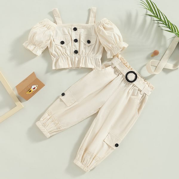 clothing sets 2pcs kids girls clothes summer outfits ruffle puff short sleeve cold shoulder crop cargo pants with pocket belt set 230630, White
clothing sets 2pcs kids girls clothes summer outfits ruffle puff short sleeve cold shoulder crop cargo pants with pocket belt set 230630, White