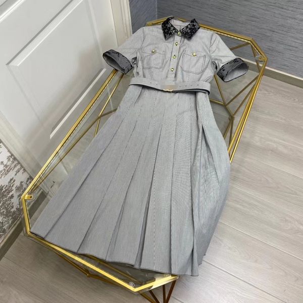 classic designer women casual dresses fashion design striped lace embellishment womens short sleeve pleated waist dress dinner dress, Black;gray
classic designer women casual dresses fashion design striped lace embellishment womens short sleeve pleated waist dress dinner dress, Black;gray