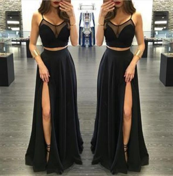 high side split prom dresses black spaghtti straps sheer neck chiffon long women skirts two piece formal party evening gowns6430878
high side split prom dresses black spaghtti straps sheer neck chiffon long women skirts two piece formal party evening gowns6430878