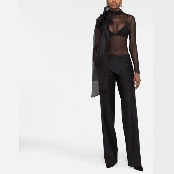 women's blouses silk organza bow high elastic mesh shirt, White
women's blouses silk organza bow high elastic mesh shirt, White