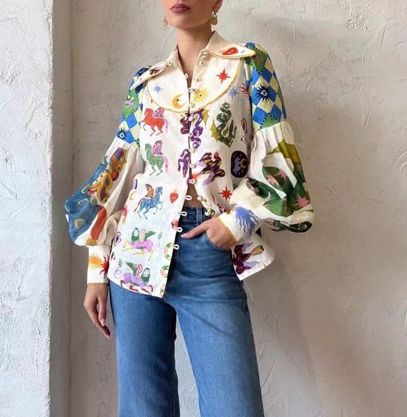 australian designer women's linen shorts and lantern sleeve shirt vivid pattern prined two-piece set, White
australian designer women's linen shorts and lantern sleeve shirt vivid pattern prined two-piece set, White