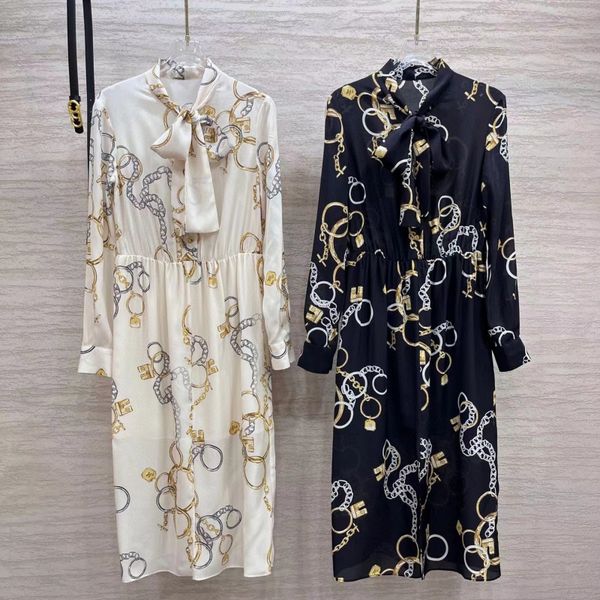 ce women casual dresses fashion designer classic chain print streamer with bow luxury silk long sleeve dress for woman, Black;gray
ce women casual dresses fashion designer classic chain print streamer with bow luxury silk long sleeve dress for woman, Black;gray