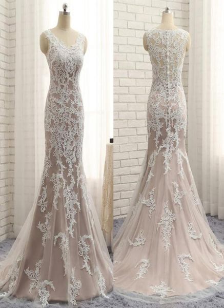new coming spring v neckline long mermaid evening dress with white lace applique nude prom dress2170390, Black