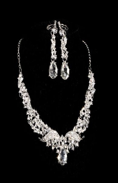 romantic alloy diamond bridal necklace earrings jewelry two pieces of bridal ornaments 2018 bridal rhinestone accessories necklace8691354, Silver