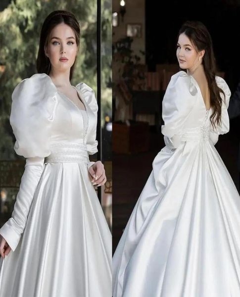designer elegant wedding dress puff long sleeves fulllength princess dress matte satin with soft waistband plus size bridal gown 6574140, White
designer elegant wedding dress puff long sleeves fulllength princess dress matte satin with soft waistband plus size bridal gown 6574140, White