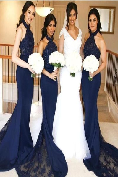 elegant navy blue halter neck mermaid bridesmaid dresses lace applqiues wedding guest dress sweep train evening party formal wear 1756035, White;pink 
elegant navy blue halter neck mermaid bridesmaid dresses lace applqiues wedding guest dress sweep train evening party formal wear 1756035, White;pink