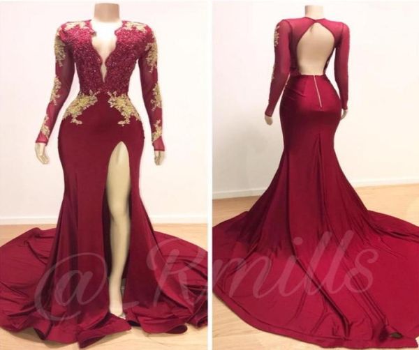 2020 gold appliques dark red mermaid prom dresses new deep v neck open back split evening gowns long sleeve robes de soriee8453789, Black
2020 gold appliques dark red mermaid prom dresses new deep v neck open back split evening gowns long sleeve robes de soriee8453789, Black