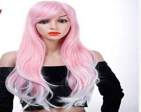 long wavy cosplay halloween wig fake bangs pink wigs01236336195, Black