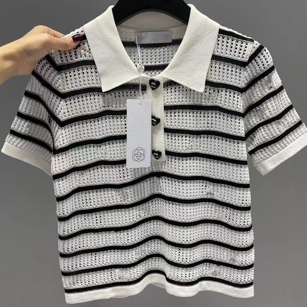 designer short sleeve t shirt for women striped cut-out knitwear tshirt summer polo neck short sleeve woman tees, White
designer short sleeve t shirt for women striped cut-out knitwear tshirt summer polo neck short sleeve woman tees, White