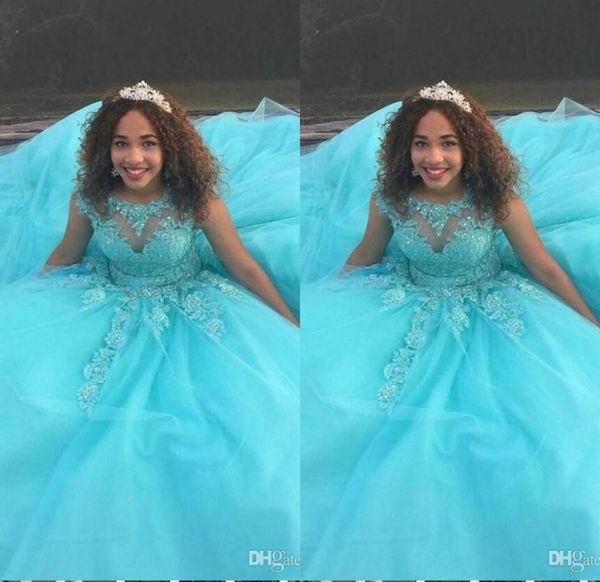 vestidos 15 anos quinceanera dresses 2023 aqua blue applique beaded ball gowns sweet 16 dresses bateau tulle prom dress vestidos d9704696, Blue;red