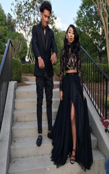 two pieces black prom dresses long sleeves high collar lace evening party gowns side split tulle a line dress1436956
two pieces black prom dresses long sleeves high collar lace evening party gowns side split tulle a line dress1436956