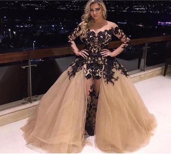 see through champagne tulle evening dresses detachable train black appliqued formal party gowns long sleeve mermaid prom dresses c1834511, Black;red
see through champagne tulle evening dresses detachable train black appliqued formal party gowns long sleeve mermaid prom dresses c1834511, Black;red