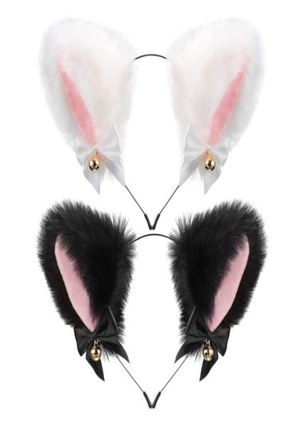 plush furry cat ears headband with ribbon bells halloween cosplay costume accessories anime lolita girl party hairband headwear fo2578668, Slivery;white