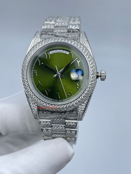 men's automatic mechanical watch silver diamond stainless steel watch green dial arabic numerals double calendar watches, Slivery;brown
men's automatic mechanical watch silver diamond stainless steel watch green dial arabic numerals double calendar watches, Slivery;brown