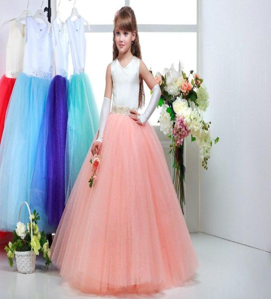 

new ivory coralblue buttom tulle flower girl dresses vneck beading junior bridesmaid dress girls pageant dress girls christm7025627, White;blue