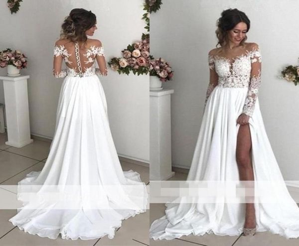 exquisite lace chiffon aline wedding dresses 2019 sheer neck long sleeves side split sweep train back cover buttons country brida7105513, White
exquisite lace chiffon aline wedding dresses 2019 sheer neck long sleeves side split sweep train back cover buttons country brida7105513, White