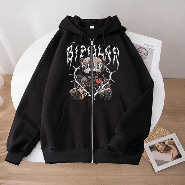 2023 new bear doll print zip up hoodie street fashion relaxed loose sweatshirt long sleeve, Black
2023 new bear doll print zip up hoodie street fashion relaxed loose sweatshirt long sleeve, Black