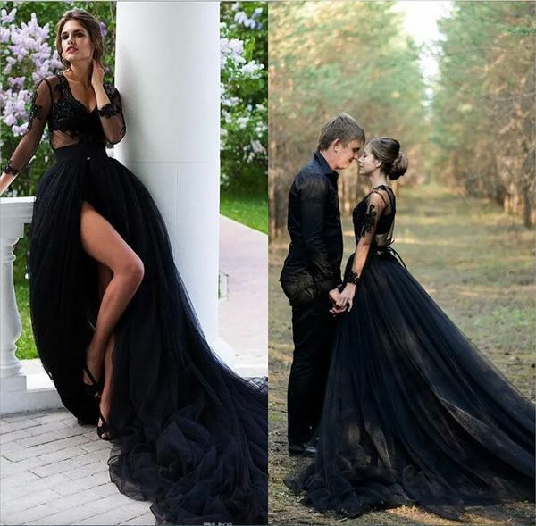 rustic country black gothic wedding dresses v neck illusion lace long sleeves fall tulle wedding dress long train high slits, White
rustic country black gothic wedding dresses v neck illusion lace long sleeves fall tulle wedding dress long train high slits, White