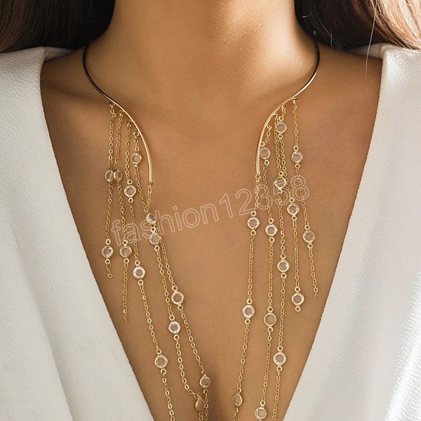 long crystal linked tassel chains necklaces for women trendy open circle torques wedding choker fashion neck jewelry accessories, Golden;silver
long crystal linked tassel chains necklaces for women trendy open circle torques wedding choker fashion neck jewelry accessories, Golden;silver