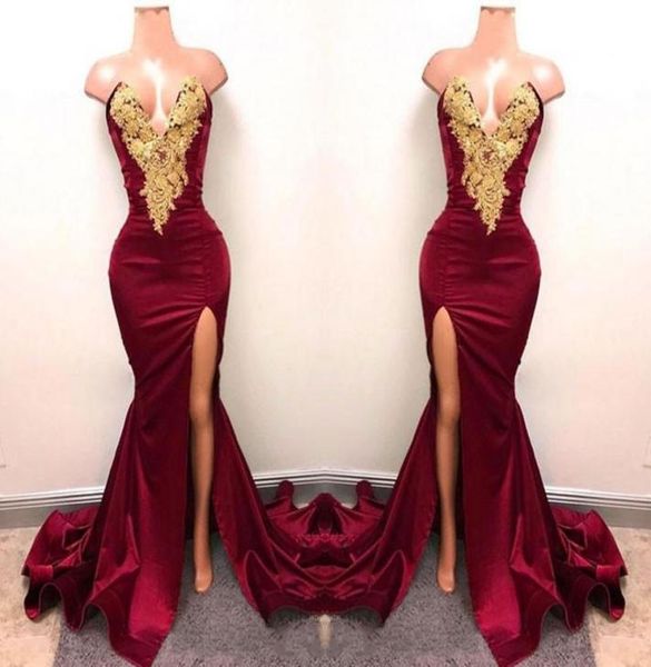 new design 2020 burgundy prom dresses with gold lace appliqued mermaid front split for long party evening wear gowns8063627, Black
new design 2020 burgundy prom dresses with gold lace appliqued mermaid front split for long party evening wear gowns8063627, Black