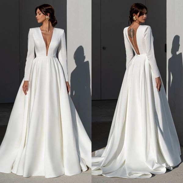 fashion a line wedding dresses for bride plunging v neck wedding dress button back long sleeves designer bridal gowns, White
fashion a line wedding dresses for bride plunging v neck wedding dress button back long sleeves designer bridal gowns, White
