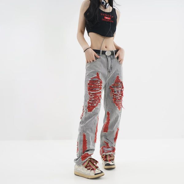 designer jeans wash loose straight leg jeans designed for men and women with special-cut ripped pants, Blue
designer jeans wash loose straight leg jeans designed for men and women with special-cut ripped pants, Blue