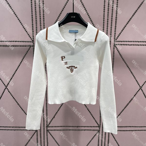 long sleeve knits letter jacquard women tees lapel neck knitted for lady slim tees, White
long sleeve knits letter jacquard women tees lapel neck knitted for lady slim tees, White