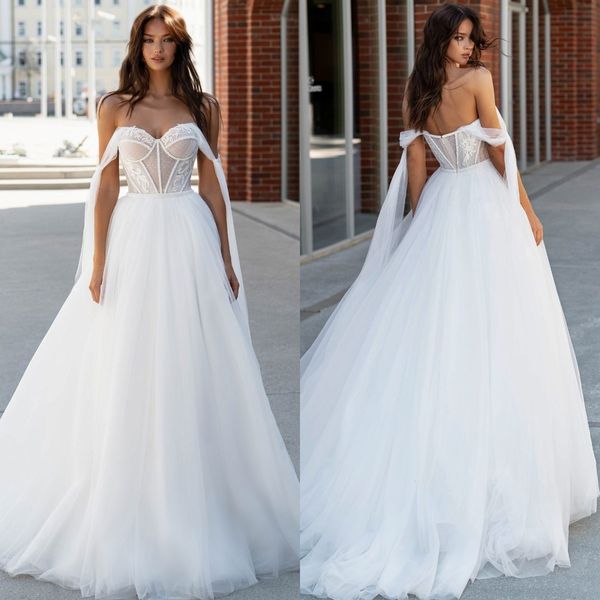 fashion a line wedding dresses for bride sweetheart off shoulder wedding dress bone bodice lace appliques tulle designer bridal gowns, White