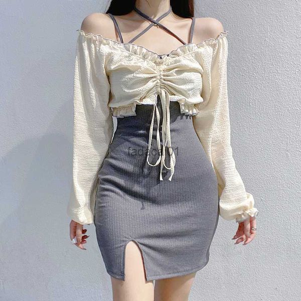 women dress 2 piece sets strap vintage dresses elegant long sleeve blouse female shirts outfits new korean 2022 summer l230621, Black;gray
women dress 2 piece sets strap vintage dresses elegant long sleeve blouse female shirts outfits new korean 2022 summer l230621, Black;gray