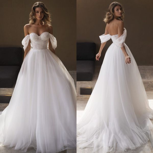 boho a line wedding dresses for bride off shoulder wedding dress pearls sweetheart tulle designer bridal gowns, White
boho a line wedding dresses for bride off shoulder wedding dress pearls sweetheart tulle designer bridal gowns, White