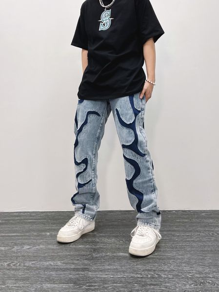 fashion mens jeans designer wash destroyed patchwork blue applique embroidered jeans men and women hip hop straight leg slacks
fashion mens jeans designer wash destroyed patchwork blue applique embroidered jeans men and women hip hop straight leg slacks