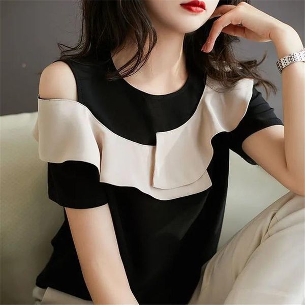 t-shirt summer women fashion ruffle bare shoulders blouses oneck lady color contrast casual blcak elegant temperament mm0377, White
t-shirt summer women fashion ruffle bare shoulders blouses oneck lady color contrast casual blcak elegant temperament mm0377, White