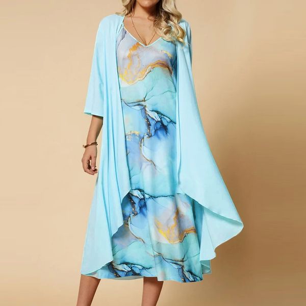 basic casual dresse cardigan set dress floral print v neck loose half sleeve chiffon long elegant streetwear sundress 230701, Black;gray 
basic casual dresse cardigan set dress floral print v neck loose half sleeve chiffon long elegant streetwear sundress 230701, Black;gray