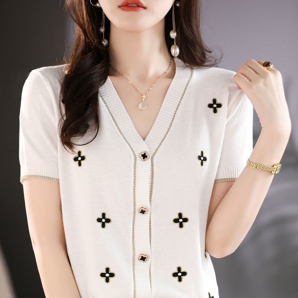 women s knits tees summer women cool short sleeve v neck four leaf clover cardigan t shirt casual slim knitted soft jacket 230701, White
women s knits tees summer women cool short sleeve v neck four leaf clover cardigan t shirt casual slim knitted soft jacket 230701, White
