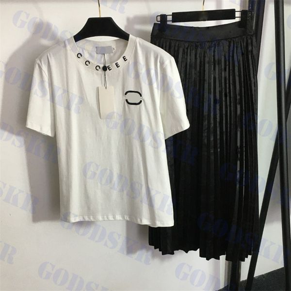 womens pleated dresses designer t shirt embroidered logo short sleeved letter printed high waisted skirt three colors, White
womens pleated dresses designer t shirt embroidered logo short sleeved letter printed high waisted skirt three colors, White