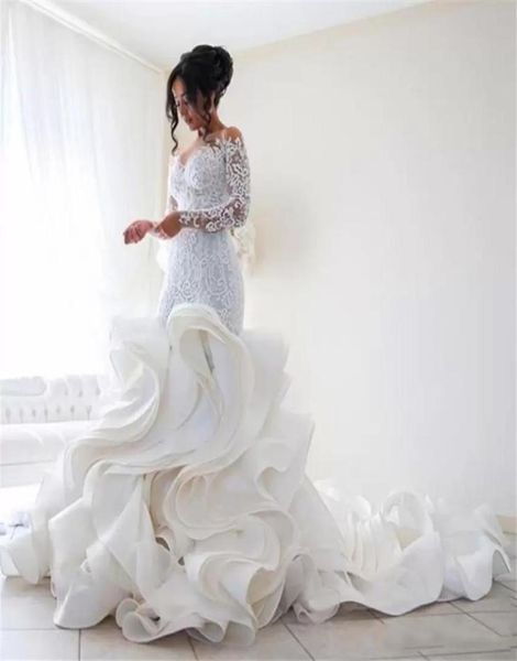 mermaid wedding dress lace long sleeve tier ruffles sheer neck with button covered back bridal gowns luxury plus size vestido de n6511603, White
mermaid wedding dress lace long sleeve tier ruffles sheer neck with button covered back bridal gowns luxury plus size vestido de n6511603, White