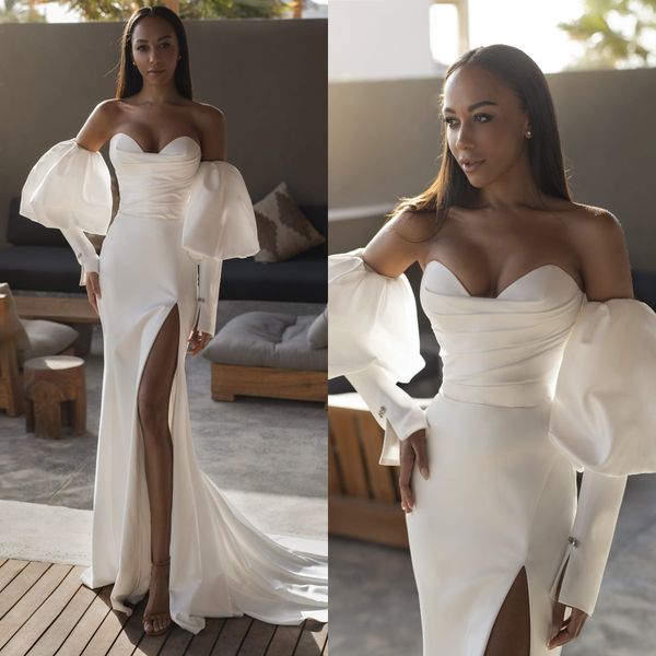mermaid wedding dresses sweetheart satin wedding dress thigh slit puffy long sleeves wedding bridal gowns, White
mermaid wedding dresses sweetheart satin wedding dress thigh slit puffy long sleeves wedding bridal gowns, White