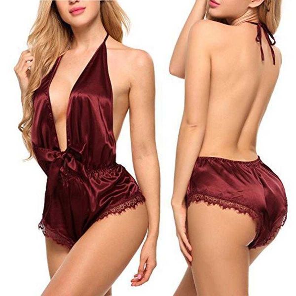sleepwear women's women lace satin lingerie smooth silk-like nightwear set nighties for night dress wear deep v-neck, Black;red 
sleepwear women's women lace satin lingerie smooth silk-like nightwear set nighties for night dress wear deep v-neck, Black;red