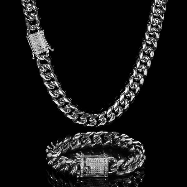 men's 12mm 14k white gold plated stainless steel miami cuban link chain lad diamond necklace bracelet set, Silver
men's 12mm 14k white gold plated stainless steel miami cuban link chain lad diamond necklace bracelet set, Silver
