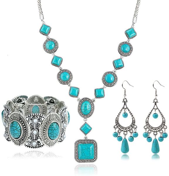 earrings necklace 4 pieces bohemian turquoise pendant necklace jewelry sets for women vintage earrings and necklace bracelet statement gift, Silver
earrings necklace 4 pieces bohemian turquoise pendant necklace jewelry sets for women vintage earrings and necklace bracelet statement gift, Silver