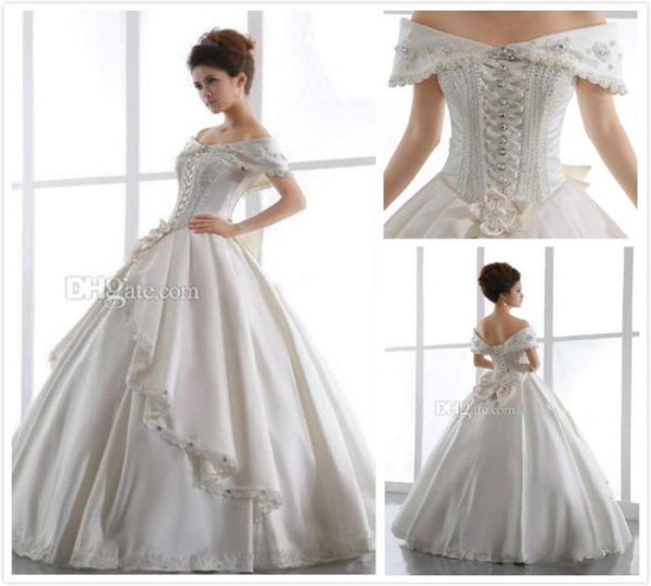 vintage ivory church wedding dresses 2015 off shoulder backless lace up beaded floor length satin ball gown sheer bridal gown bow 8673607, White
vintage ivory church wedding dresses 2015 off shoulder backless lace up beaded floor length satin ball gown sheer bridal gown bow 8673607, White