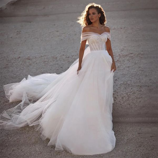chic bohemian off the shoulder wedding bridal dresses beaded draped bride gown a line tulle summer vestido de mariee, White
chic bohemian off the shoulder wedding bridal dresses beaded draped bride gown a line tulle summer vestido de mariee, White
