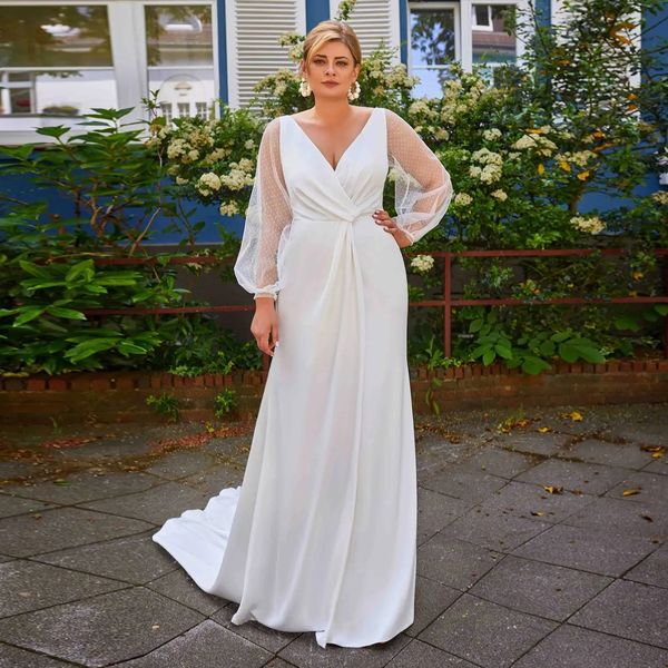 plus size polka dot sleeve wedding dresses v neck pleat a line bridal gown sweep train satin garden robe de mariee, White
plus size polka dot sleeve wedding dresses v neck pleat a line bridal gown sweep train satin garden robe de mariee, White