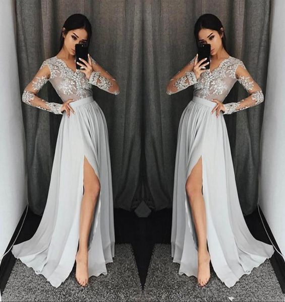 2019 silver gray split prom dresses long sleeves fashion lace appliques v neck chiffon plus size formal evening prom party go9575456, Black
2019 silver gray split prom dresses long sleeves fashion lace appliques v neck chiffon plus size formal evening prom party go9575456, Black