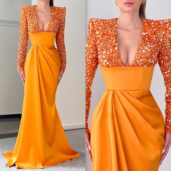 fashion orange sequins prom dresses v neck long sleeves evening gowns pleats slit formal red carpet long special occasion party dress, Black
fashion orange sequins prom dresses v neck long sleeves evening gowns pleats slit formal red carpet long special occasion party dress, Black